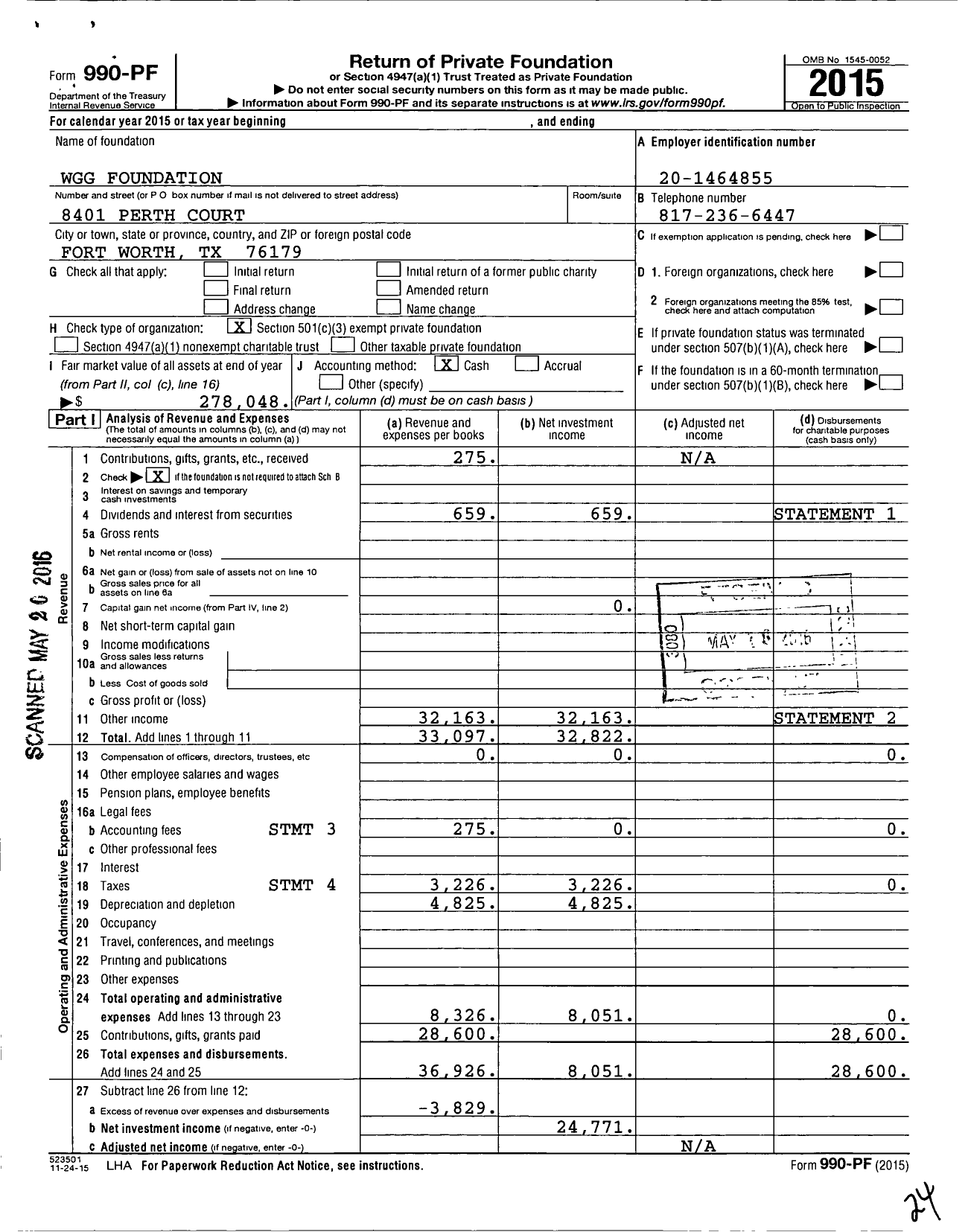 Image of first page of 2015 Form 990PF for WGG Foundation
