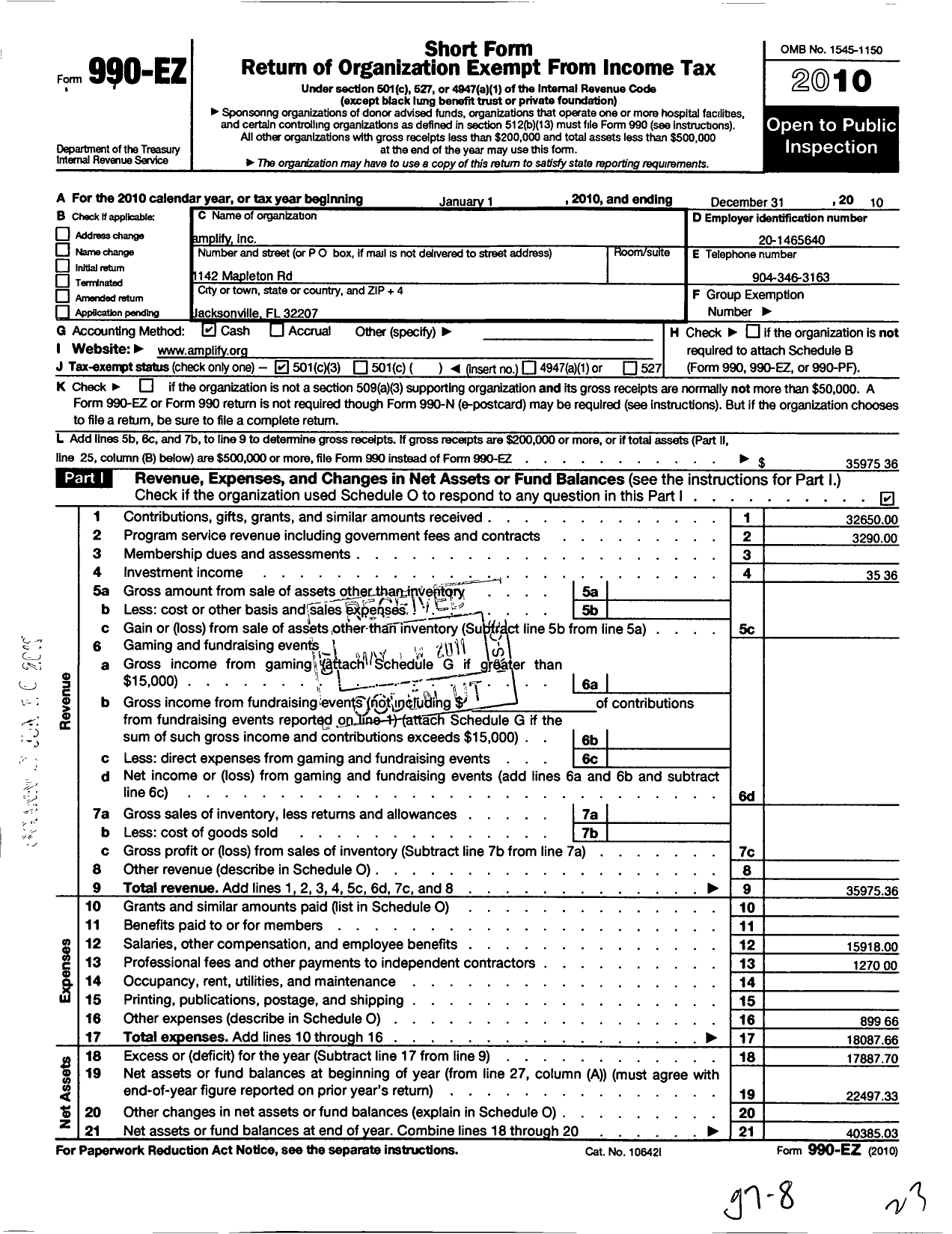 Image of first page of 2010 Form 990EZ for Amplify Incorporated