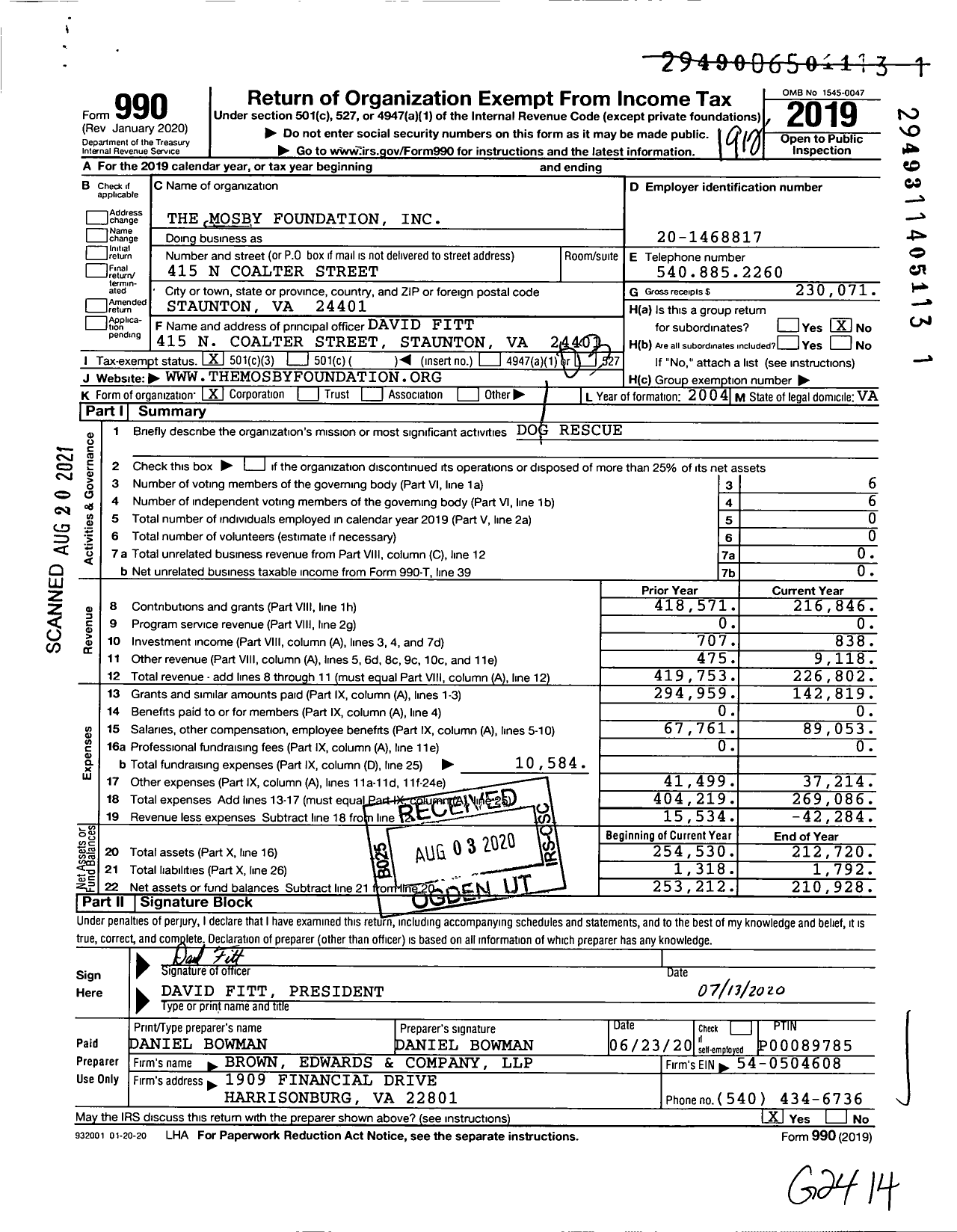 Image of first page of 2019 Form 990 for The Mosby Foundation