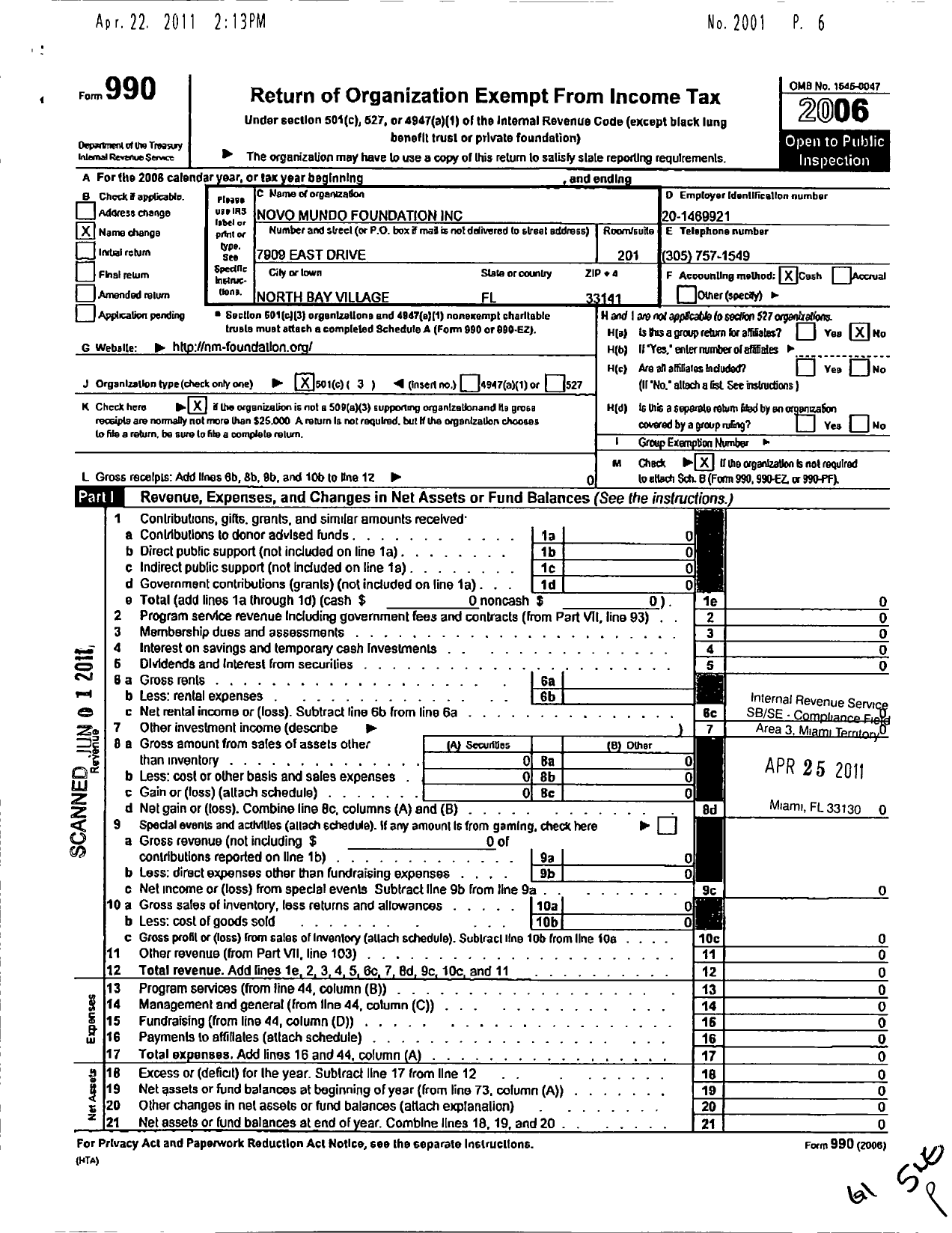 Image of first page of 2006 Form 990 for Novo Mundo Foundation