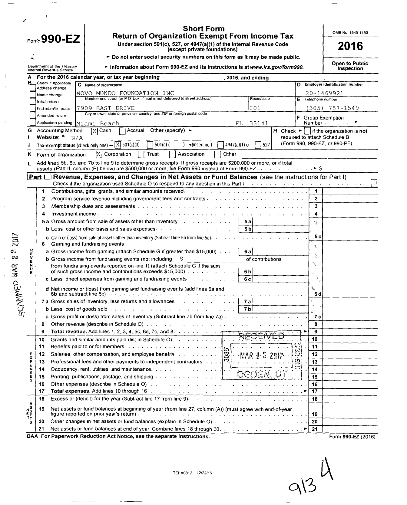 Image of first page of 2016 Form 990EZ for Novo Mundo Foundation