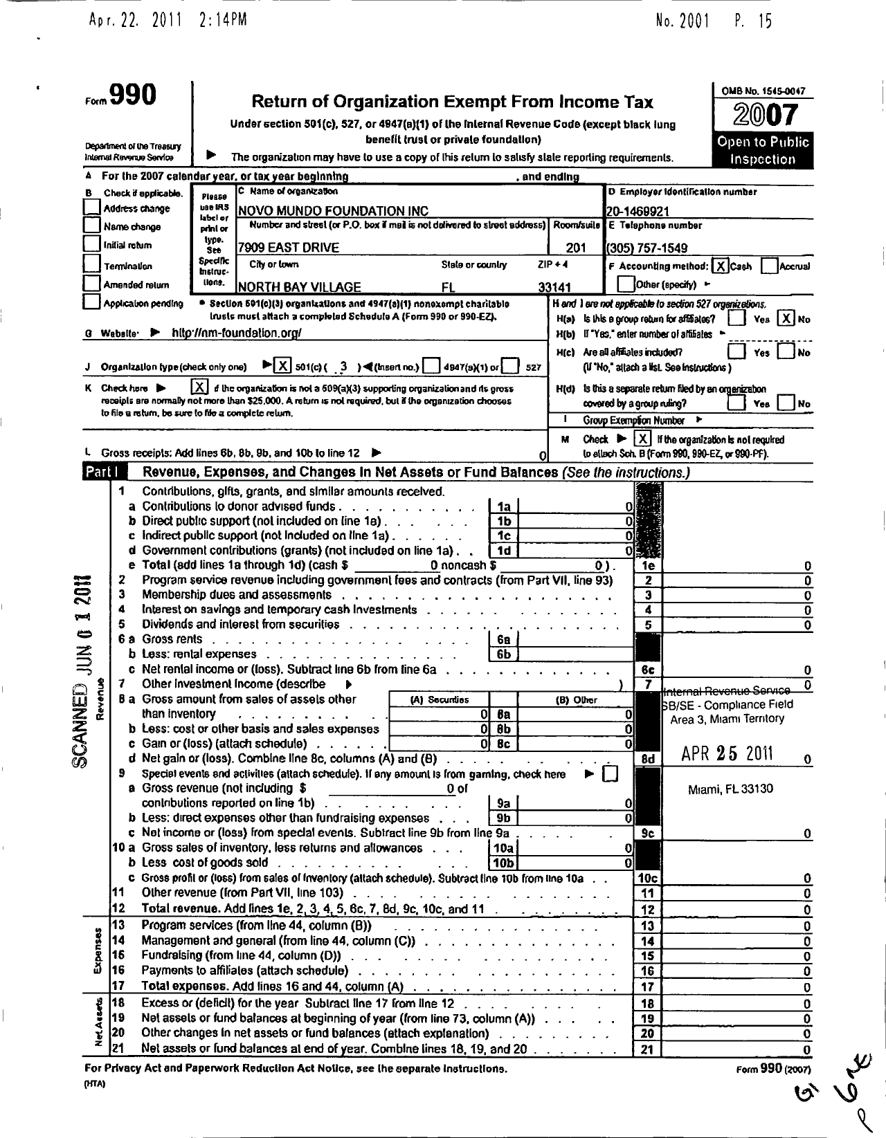 Image of first page of 2007 Form 990 for Novo Mundo Foundation