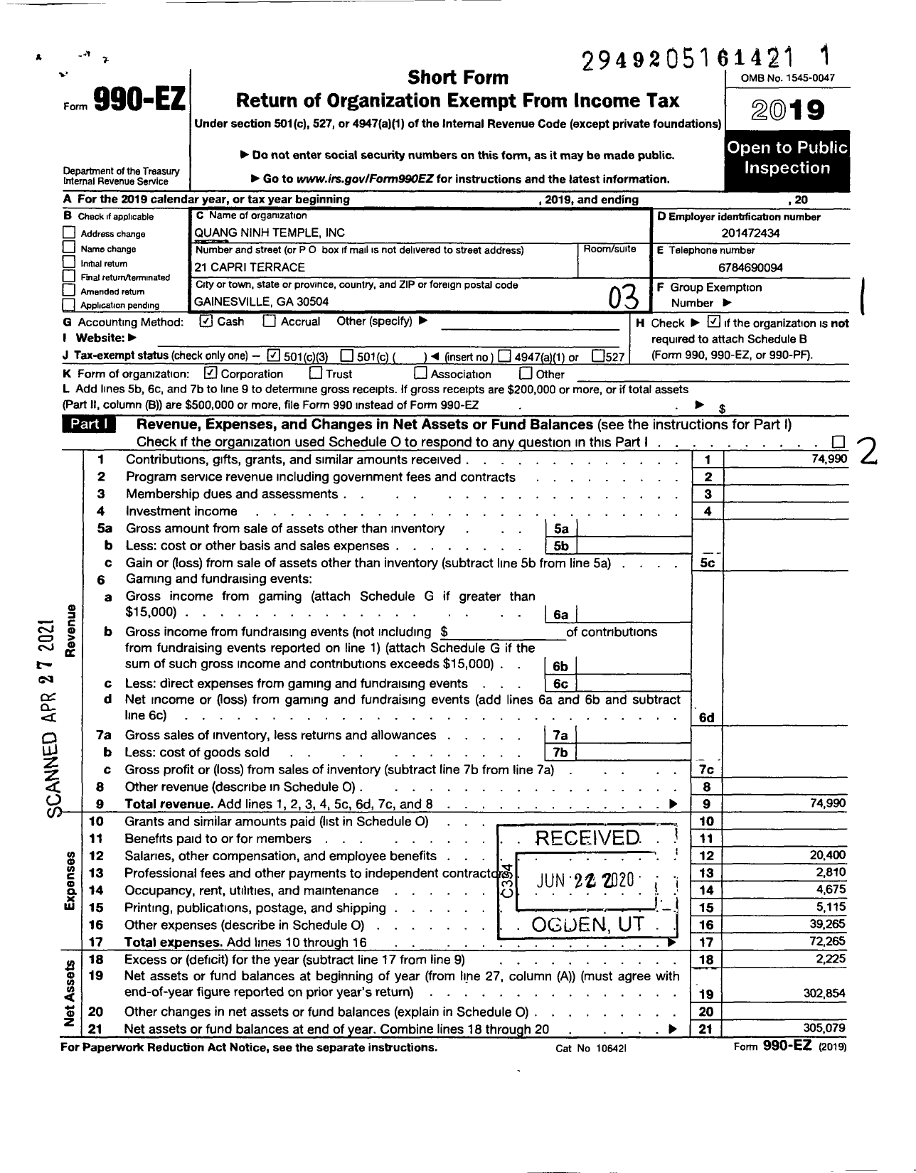 Image of first page of 2019 Form 990EZ for Quang Ninh Temple