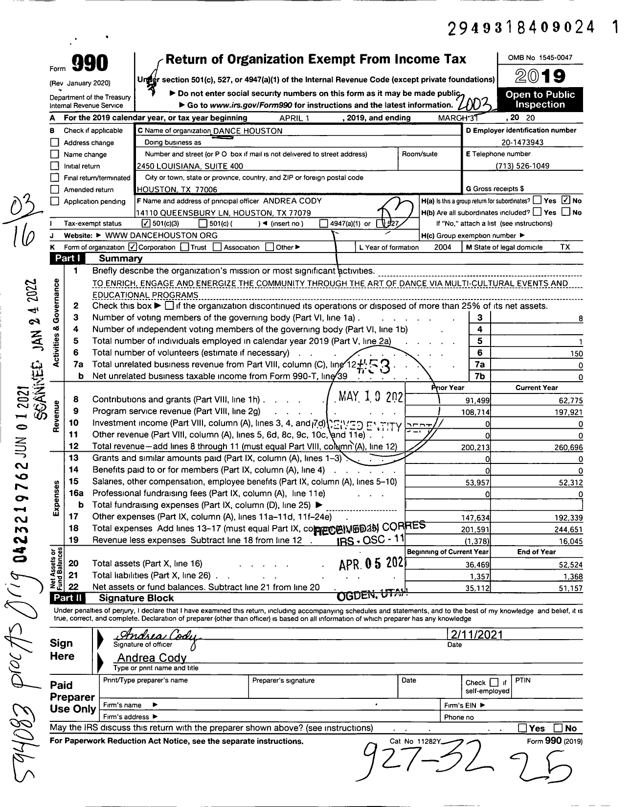 Image of first page of 2019 Form 990 for Dance Houston