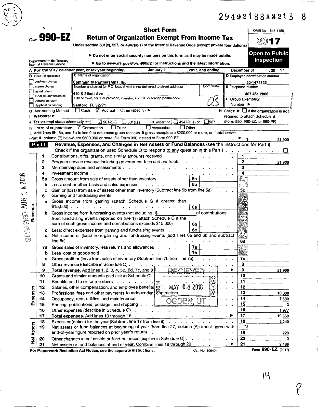 Image of first page of 2017 Form 990EZ for Community Partnerships