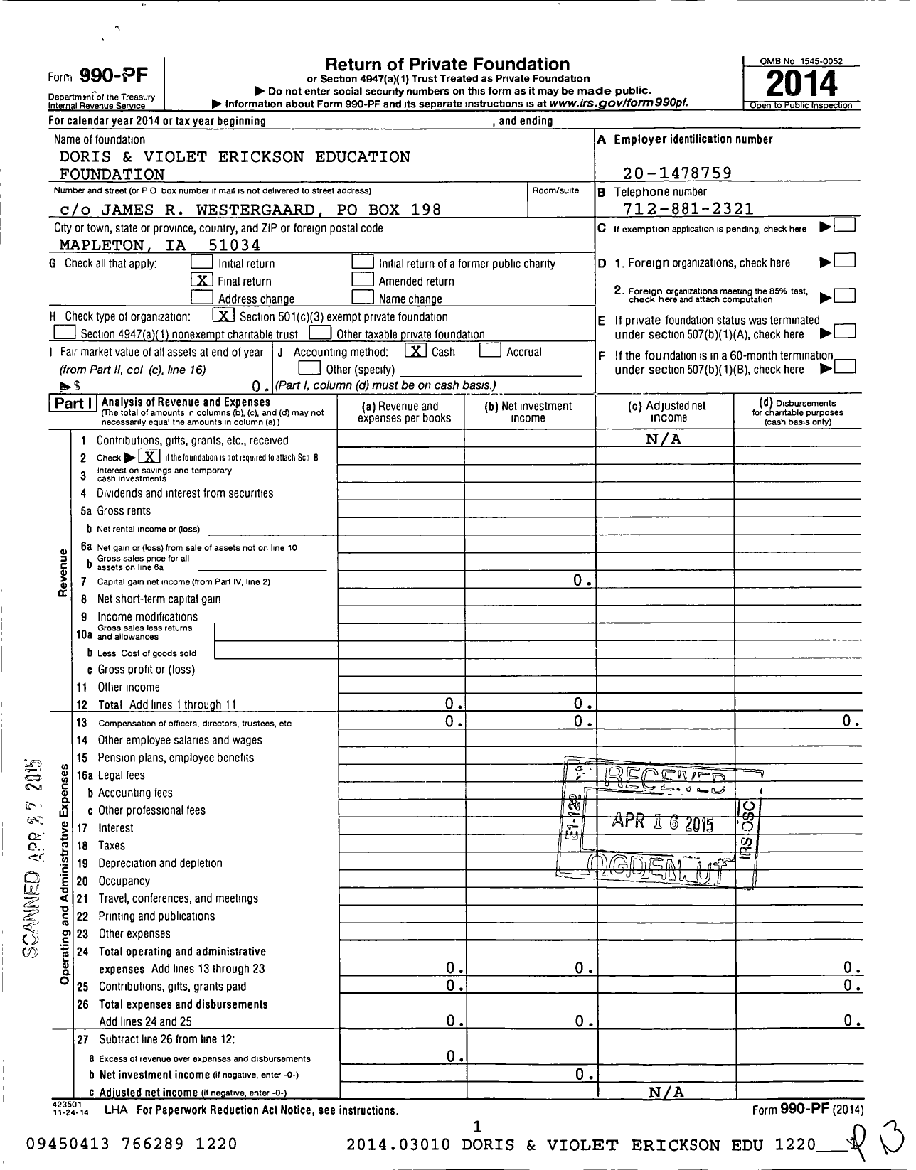 Image of first page of 2014 Form 990PF for Doris and Violet Erickson Education Foundation