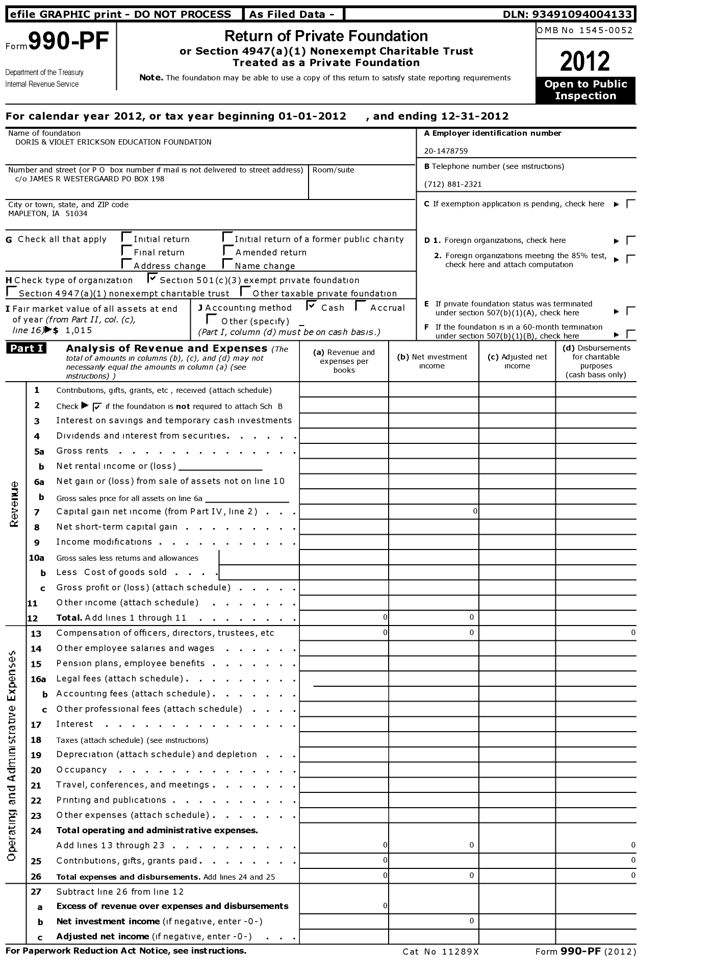 Image of first page of 2012 Form 990PF for Doris and Violet Erickson Education Foundation