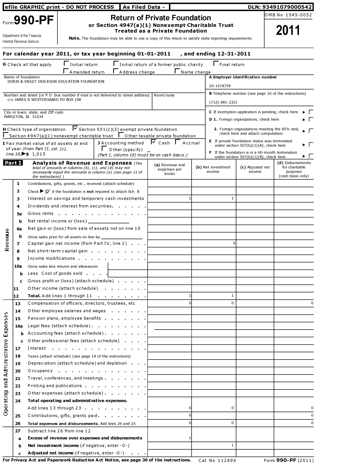 Image of first page of 2011 Form 990PF for Doris and Violet Erickson Education Foundation