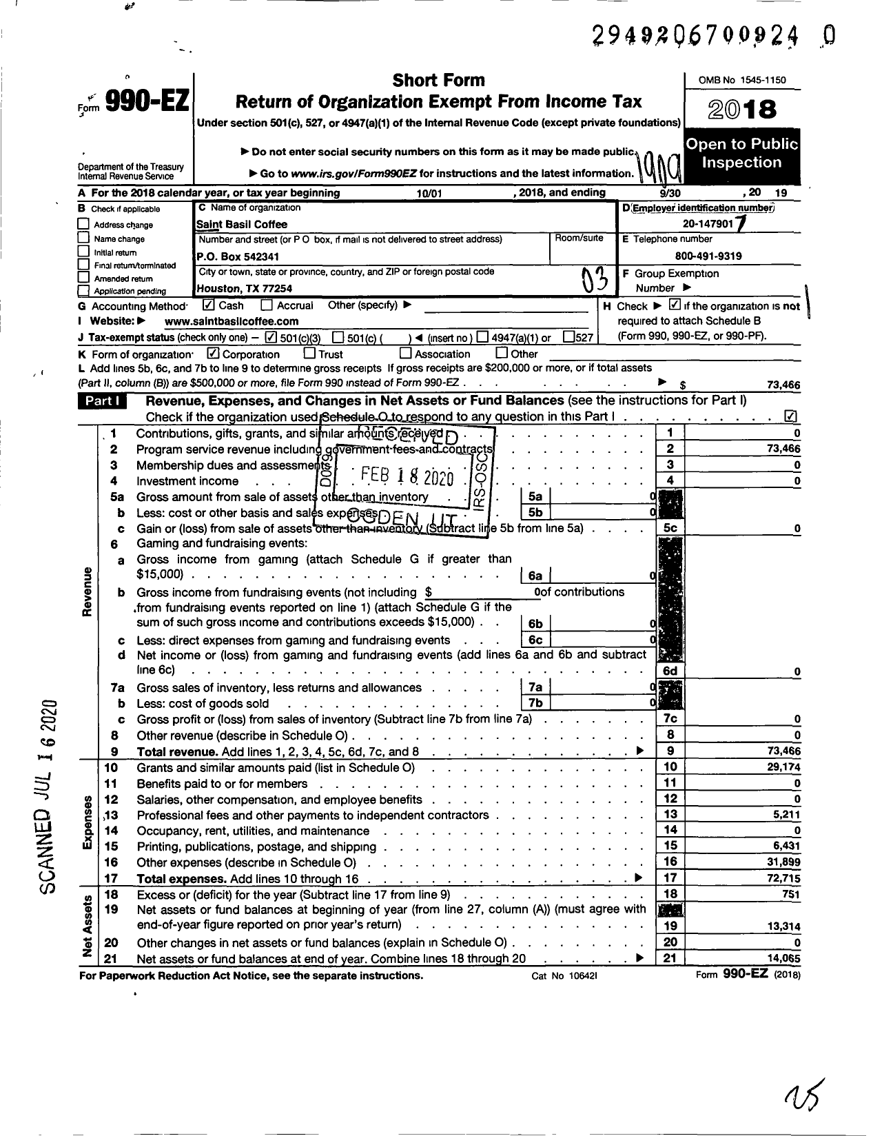 Image of first page of 2018 Form 990EZ for Saint Basil Coffee