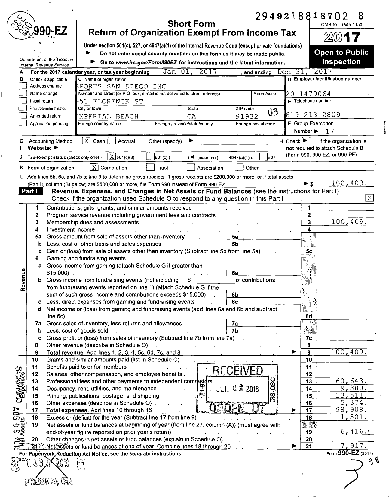 Image of first page of 2017 Form 990EZ for Sports San Diego