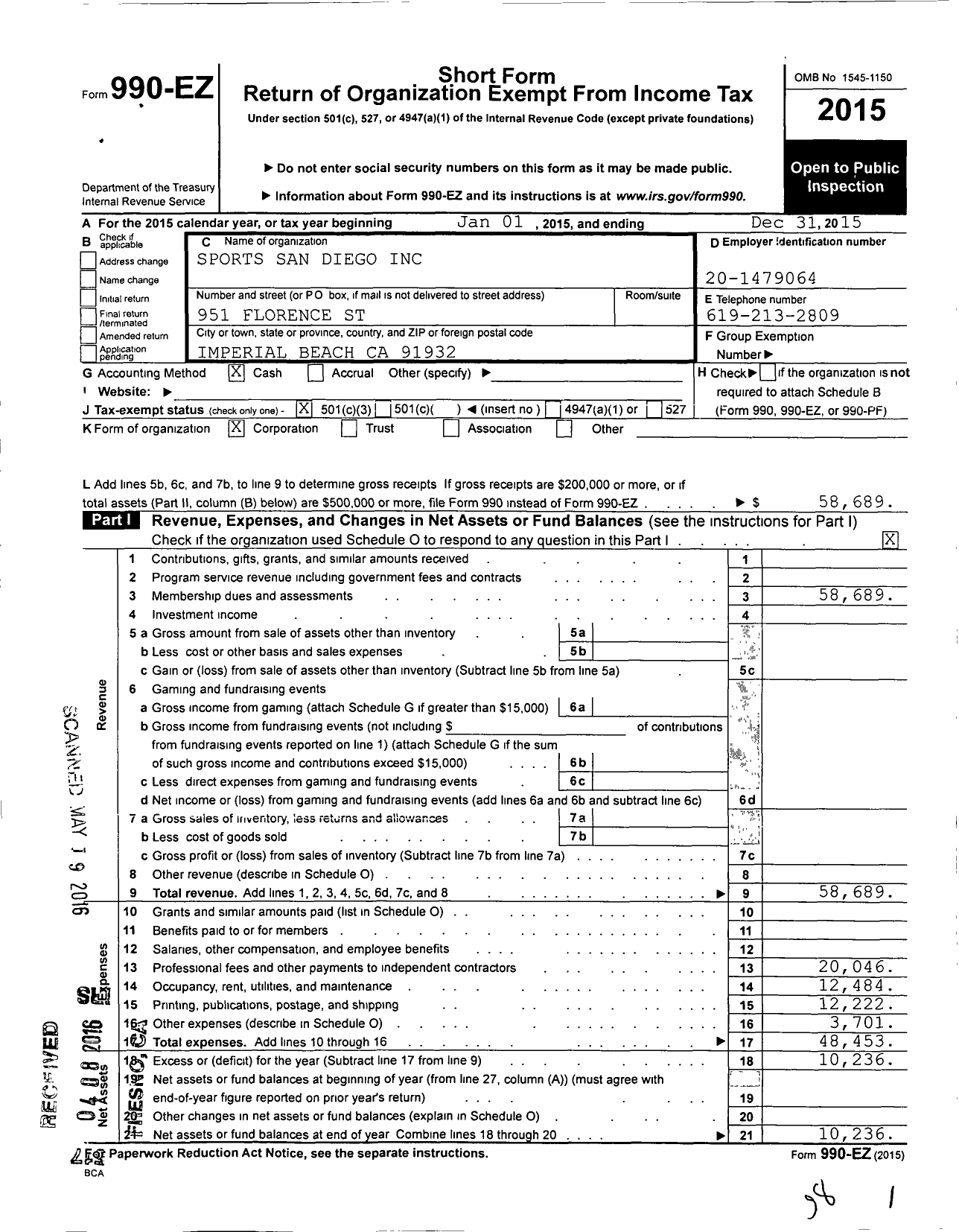 Image of first page of 2015 Form 990EZ for Sports San Diego