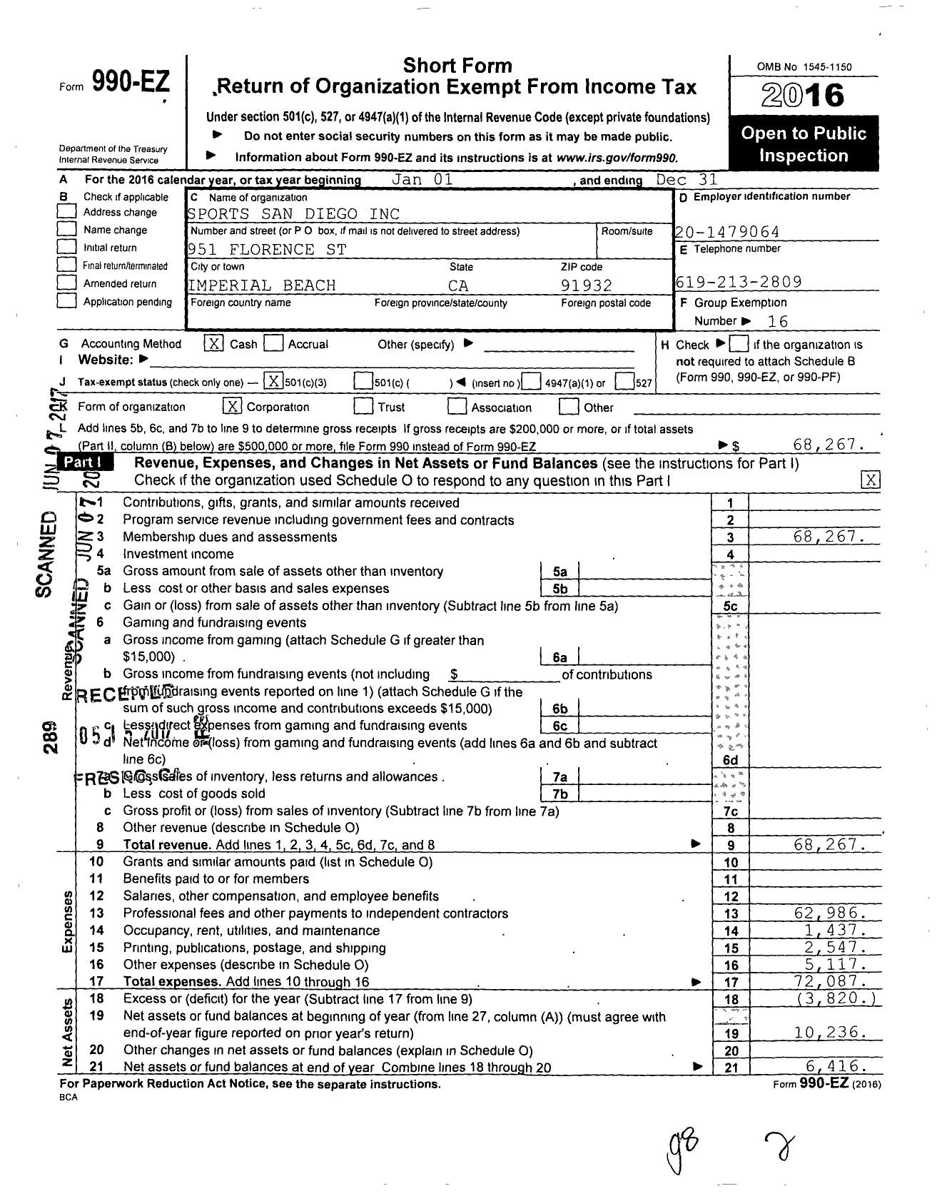 Image of first page of 2016 Form 990EZ for Sports San Diego