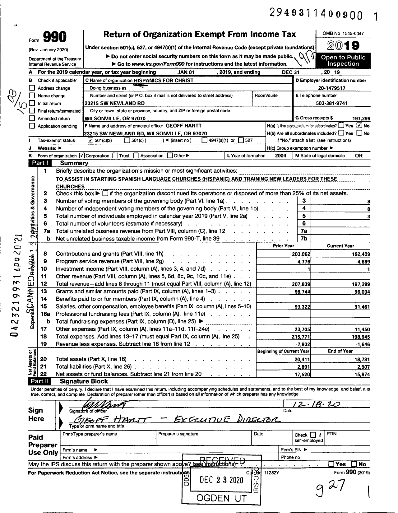 Image of first page of 2019 Form 990 for Hispanics for Christ