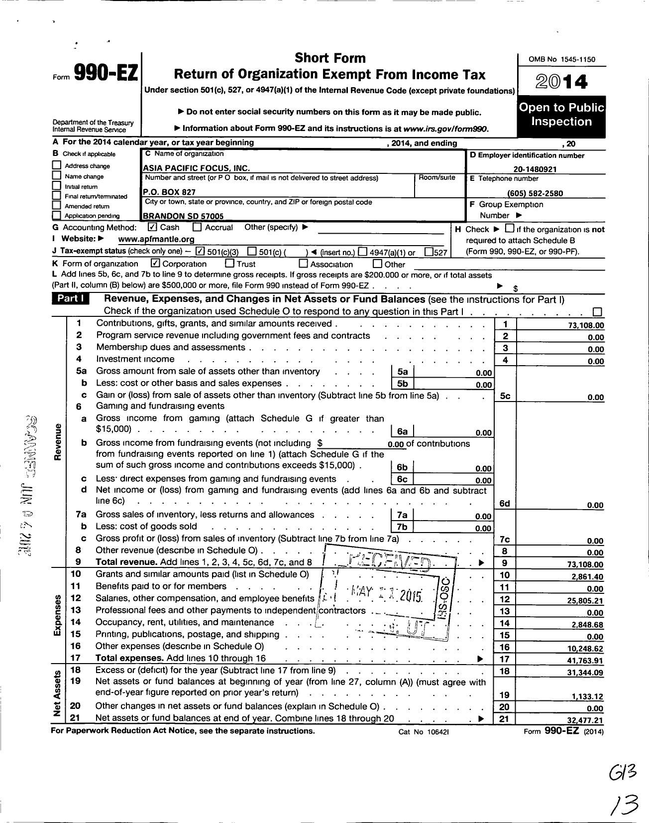 Image of first page of 2014 Form 990EZ for Asia Pacific Focus