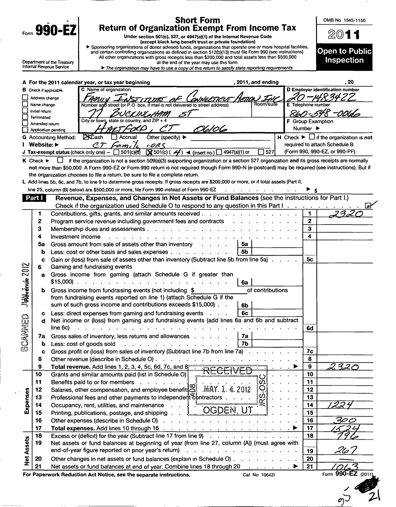 Image of first page of 2011 Form 990EO for Family Institute of Connecticut Action