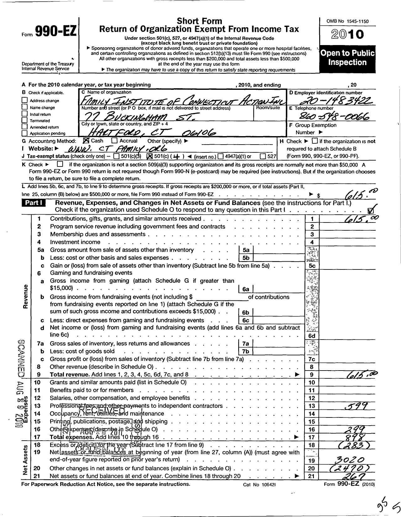 Image of first page of 2010 Form 990EO for Family Institute of Connecticut Action