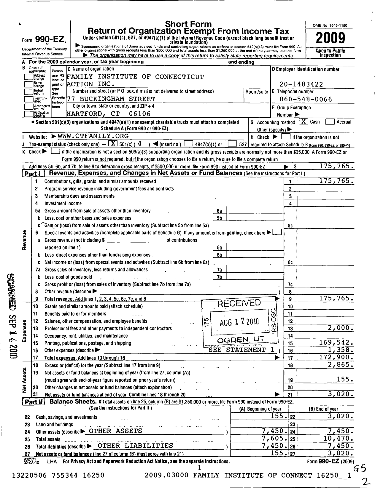 Image of first page of 2009 Form 990EO for Family Institute of Connecticut Action