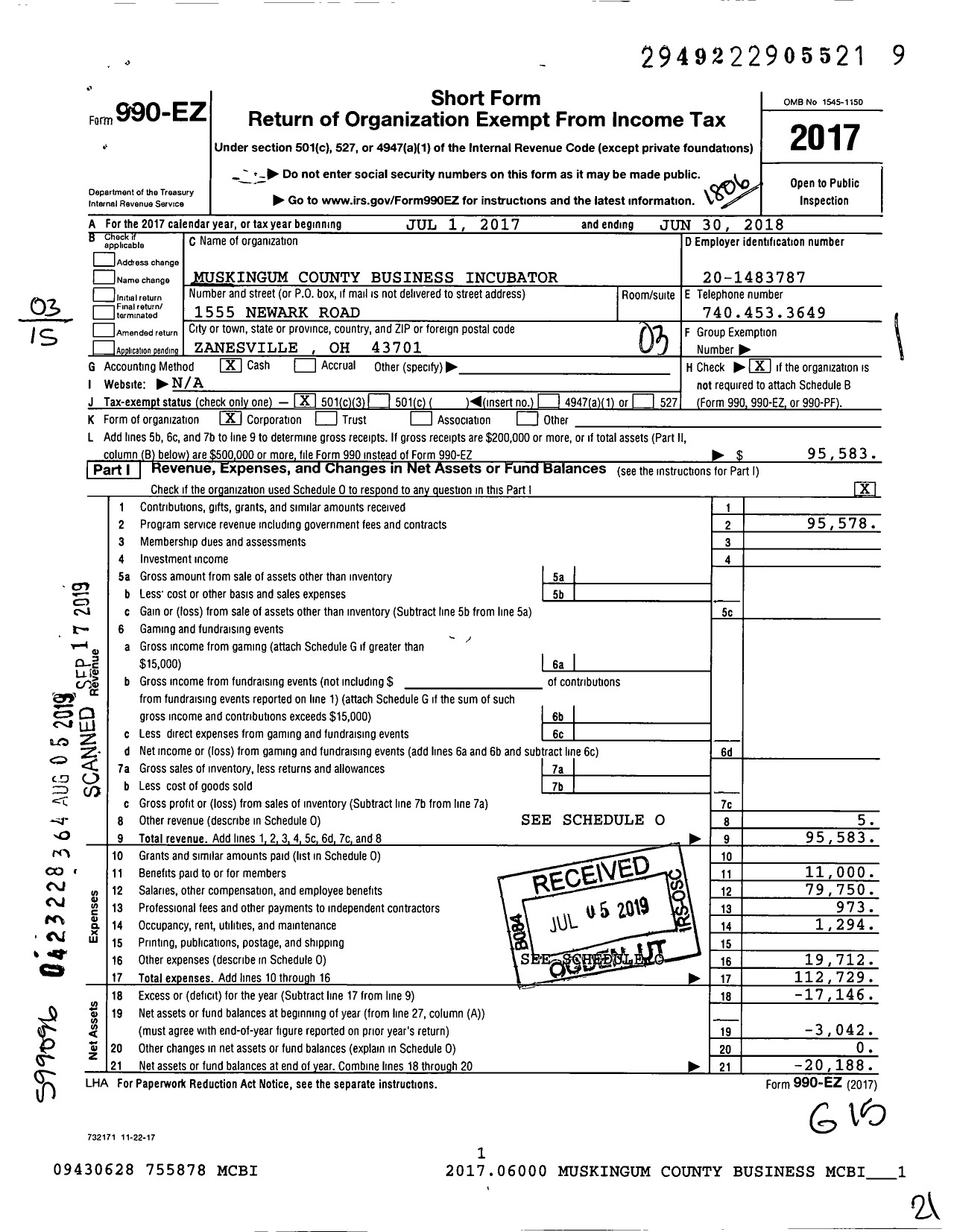 Image of first page of 2017 Form 990EZ for Muskingum County Business Incubator