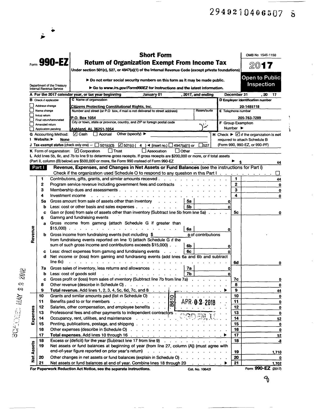 Image of first page of 2017 Form 990EO for Citizens Protecting Constitutional Rights