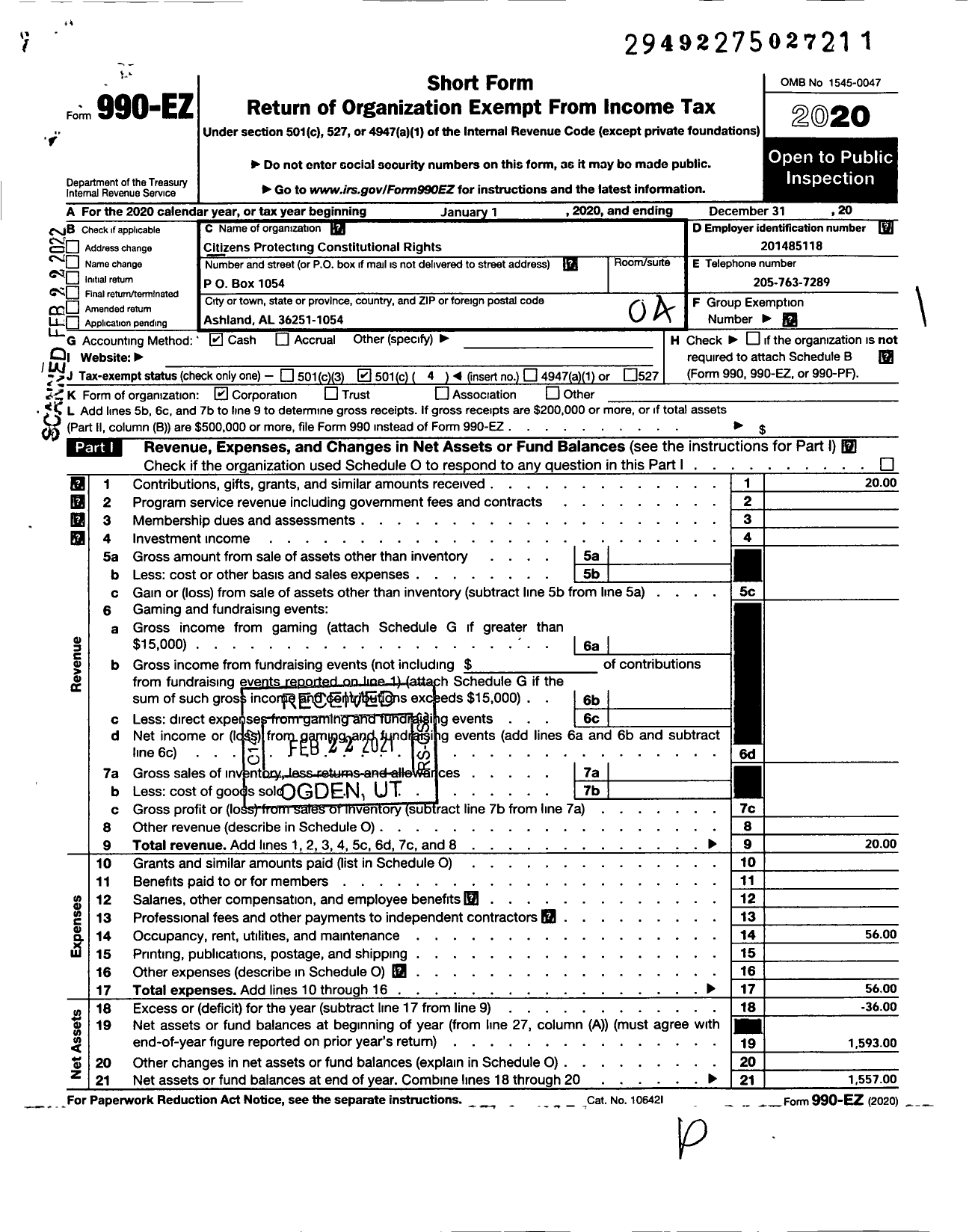 Image of first page of 2020 Form 990EO for Citizens Protecting Constitutional Rights