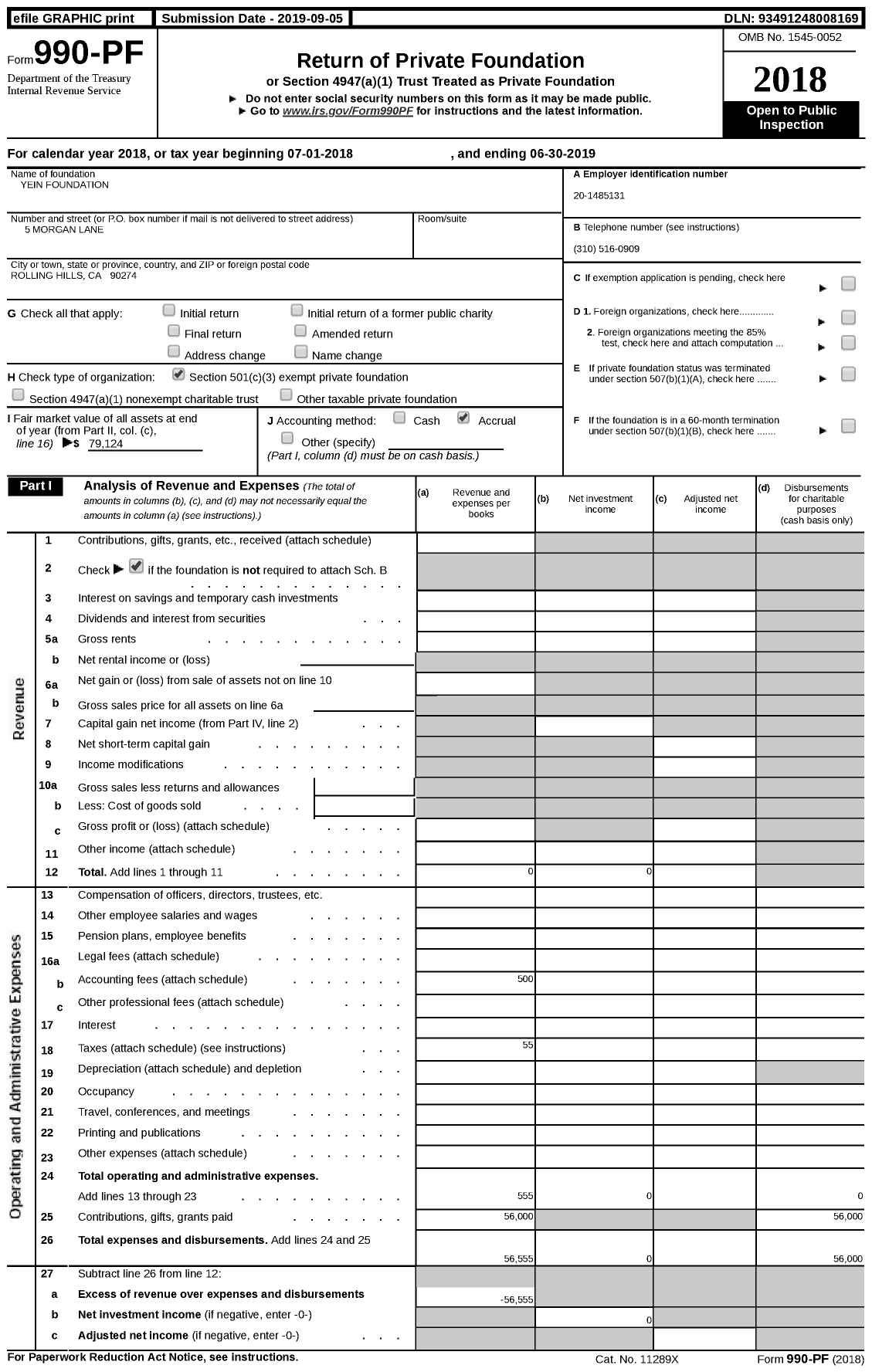 Image of first page of 2018 Form 990PF for Yein Foundation