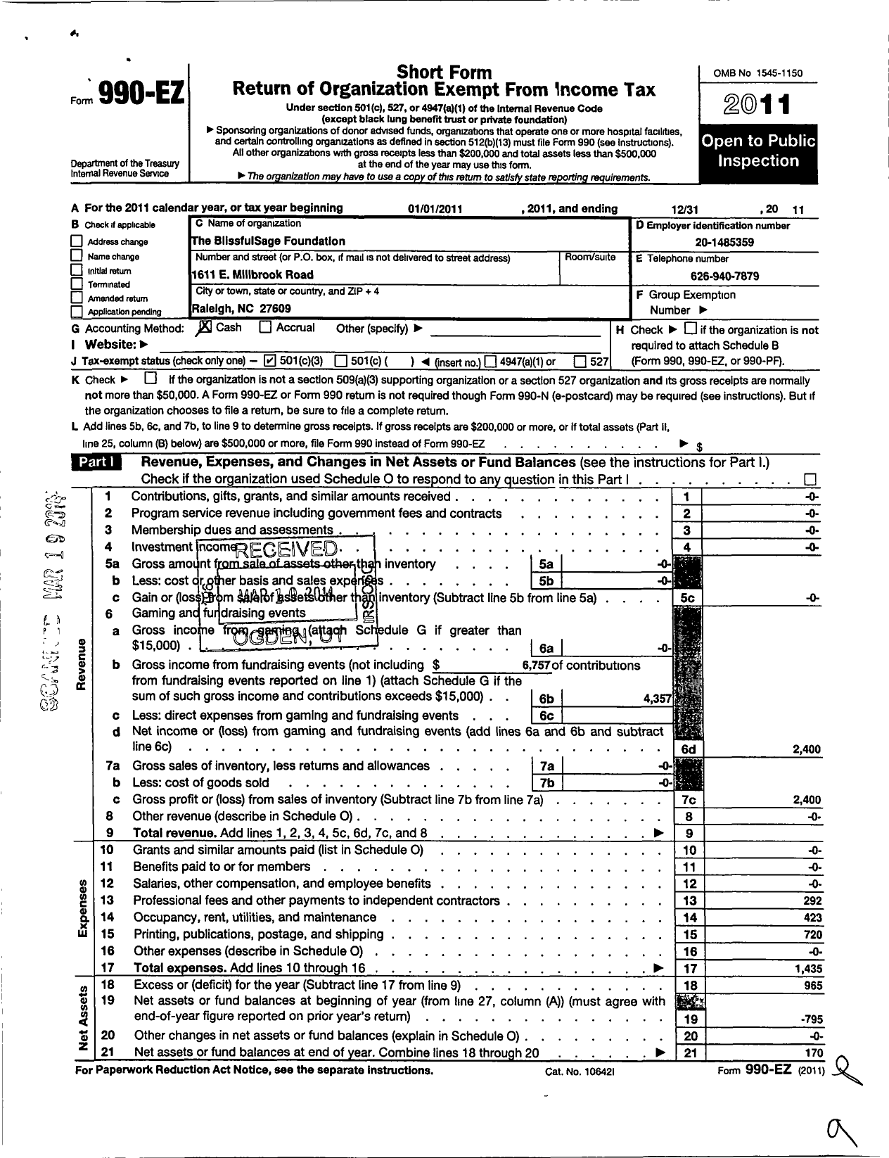 Image of first page of 2011 Form 990EZ for Blissfulsage Foundation