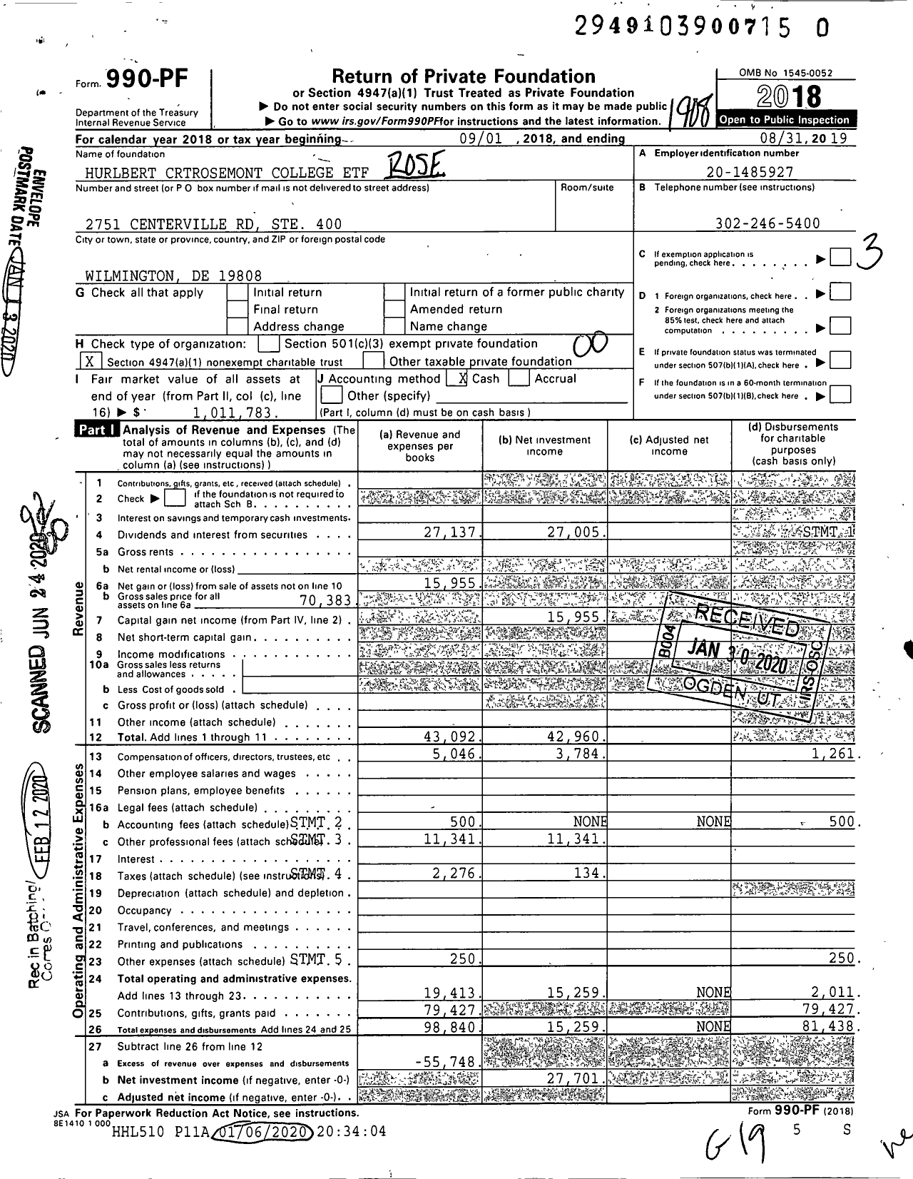 Image of first page of 2018 Form 990PR for Hurlbert Crtrosemont College ETF