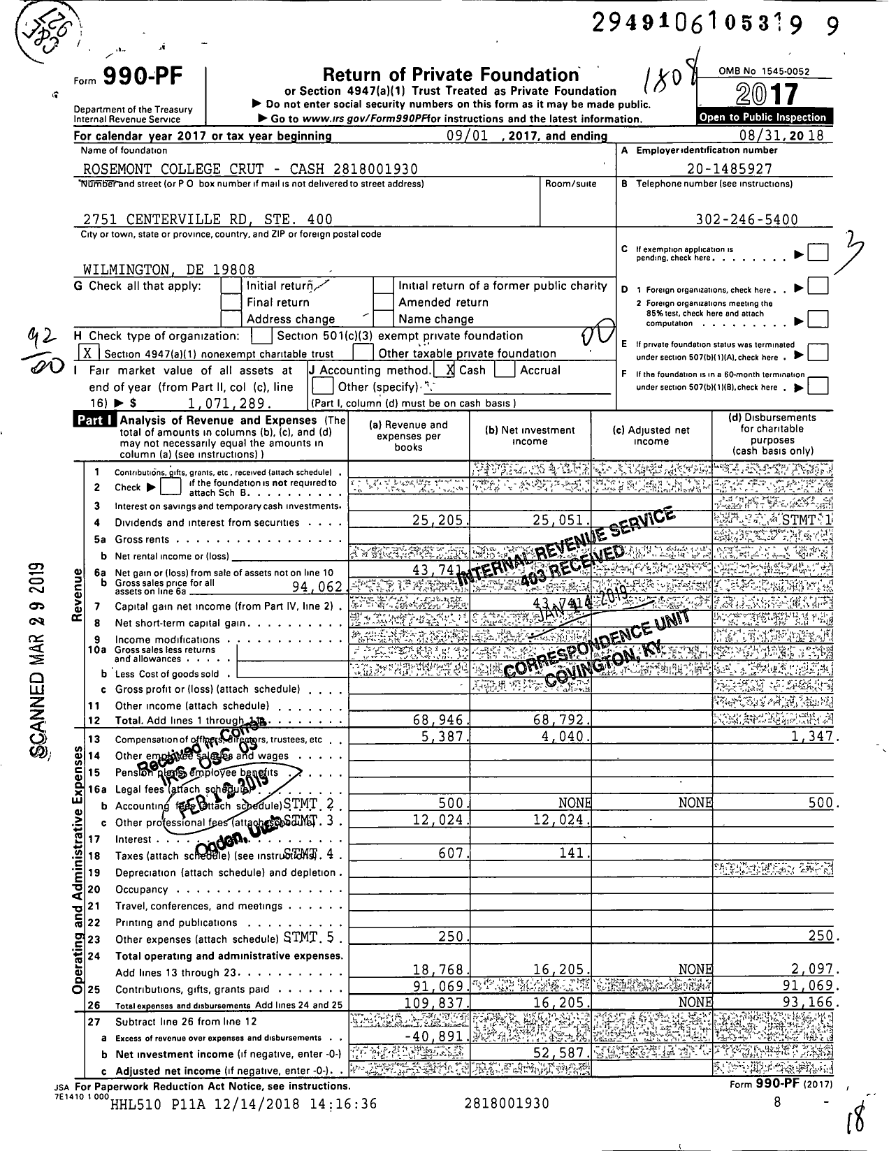 Image of first page of 2017 Form 990PF for Hurlbert Crtrosemont College ETF