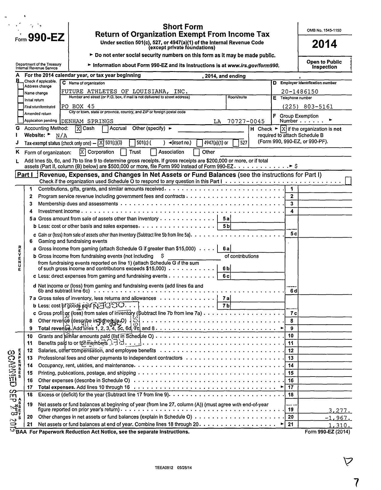 Image of first page of 2014 Form 990EZ for Future Athletes of Louisiana