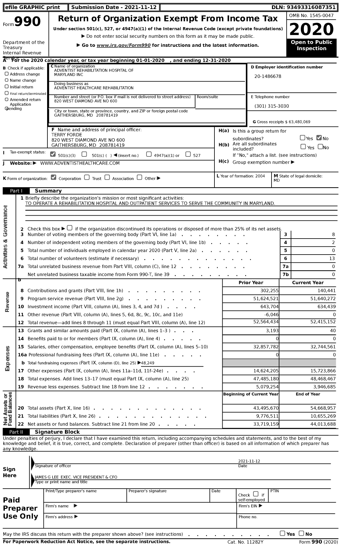 Image of first page of 2020 Form 990 for Adventist Healthcare Rehabilitation