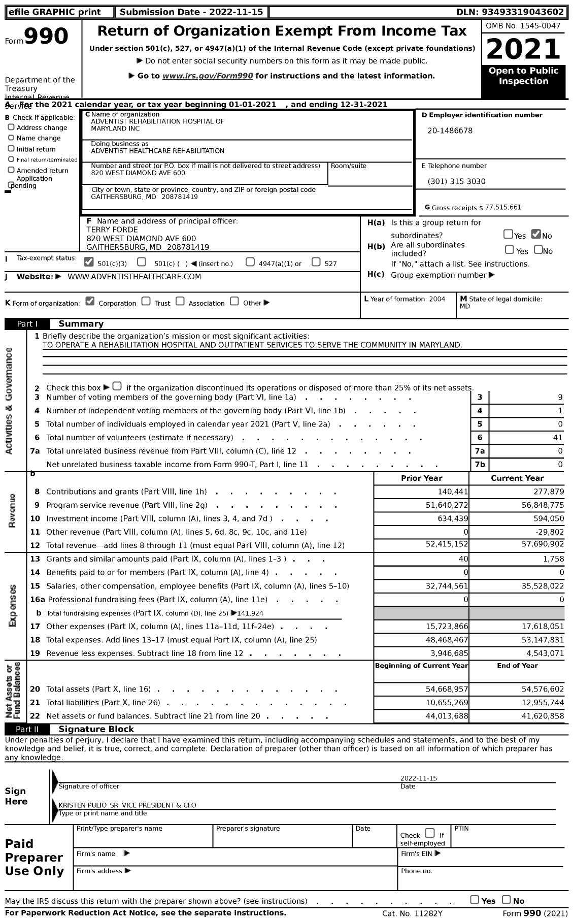 Image of first page of 2021 Form 990 for Adventist Healthcare Rehabilitation