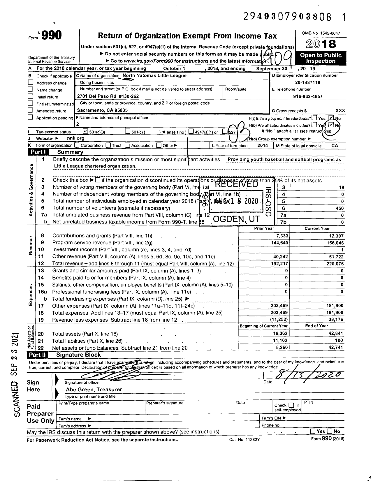 Image of first page of 2018 Form 990 for Little League Baseball - 173329 North Natomas LL