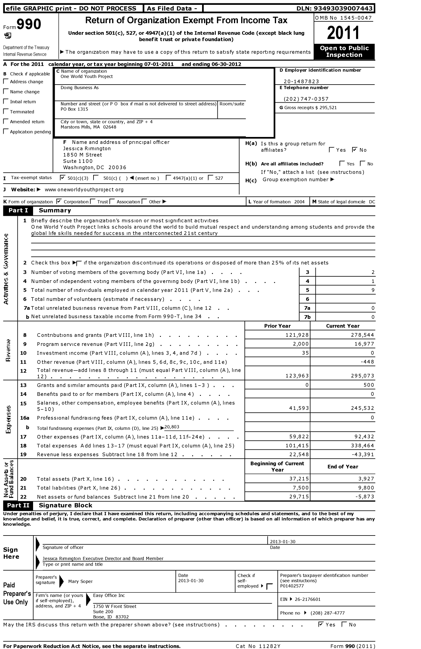 Image of first page of 2011 Form 990 for One World Youth Project