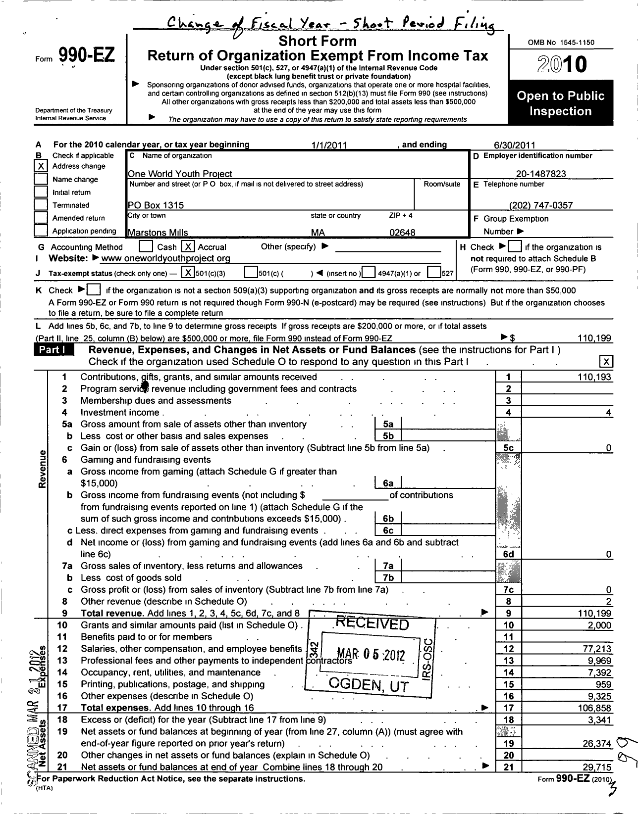 Image of first page of 2010 Form 990EZ for One World Youth Project