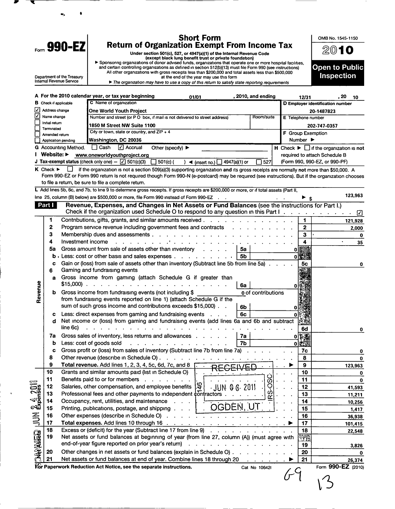 Image of first page of 2010 Form 990EZ for One World Youth Project