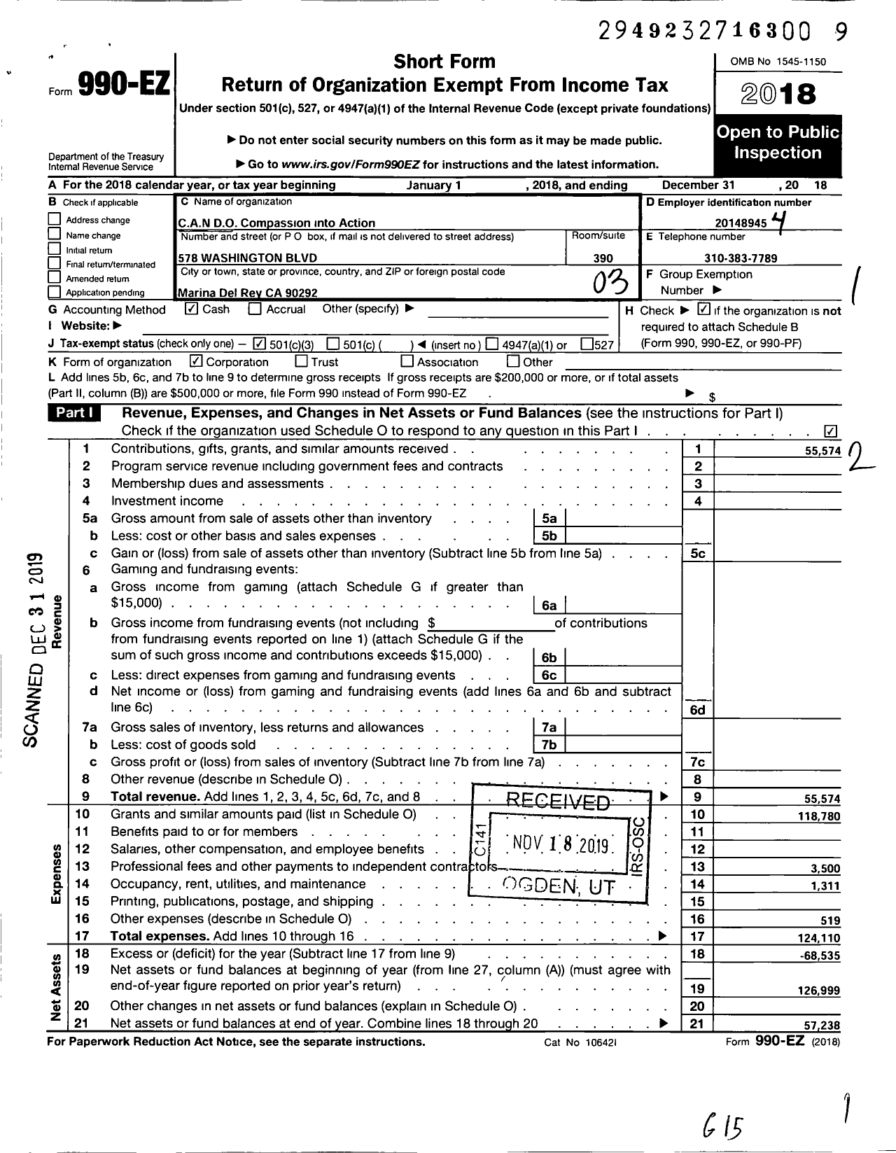 Image of first page of 2018 Form 990EZ for Cando Compassion Into Action Network Direct Outcome Org