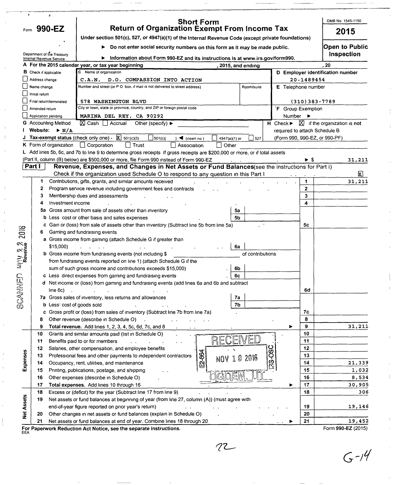 Image of first page of 2015 Form 990EZ for Cando Compassion Into Action Network Direct Outcome Org