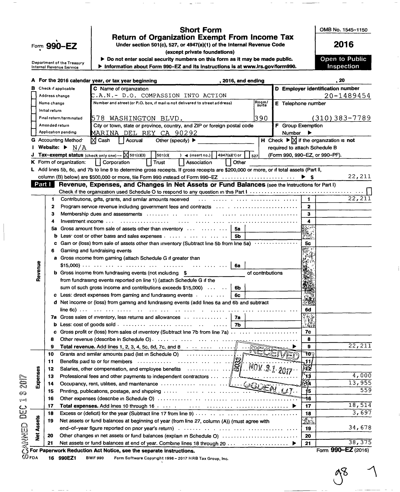 Image of first page of 2016 Form 990EZ for Cando Compassion Into Action Network Direct Outcome Org