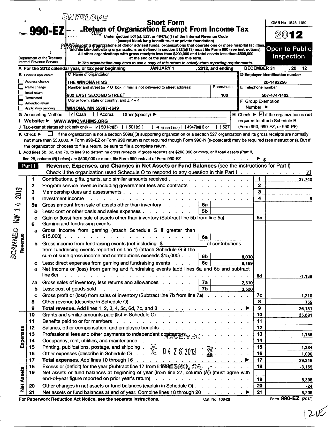 Image of first page of 2012 Form 990EZ for Winona Hims