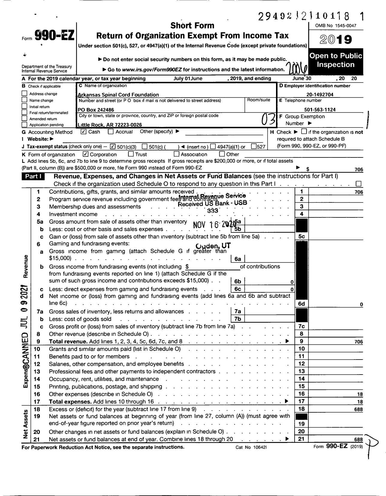 Image of first page of 2019 Form 990EZ for Arkansas Spinal Cord Foundation