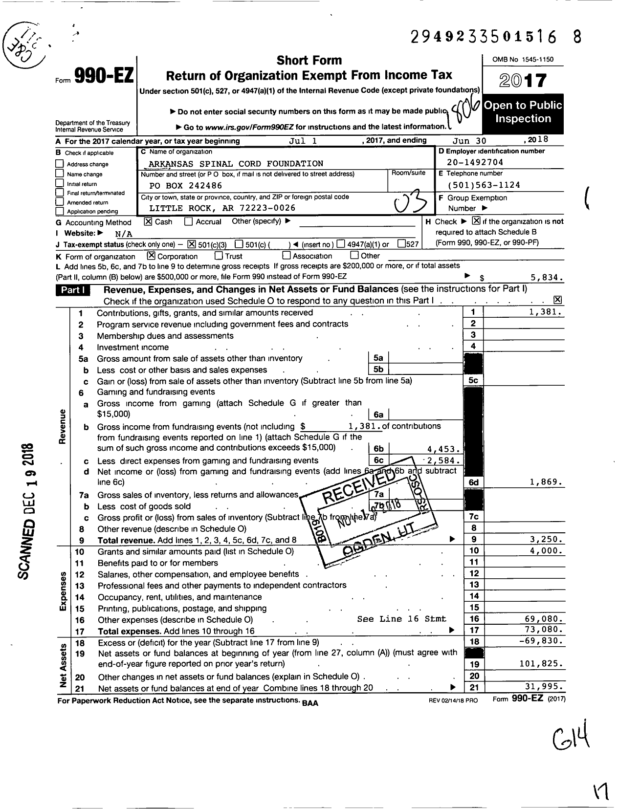 Image of first page of 2017 Form 990EZ for Arkansas Spinal Cord Foundation