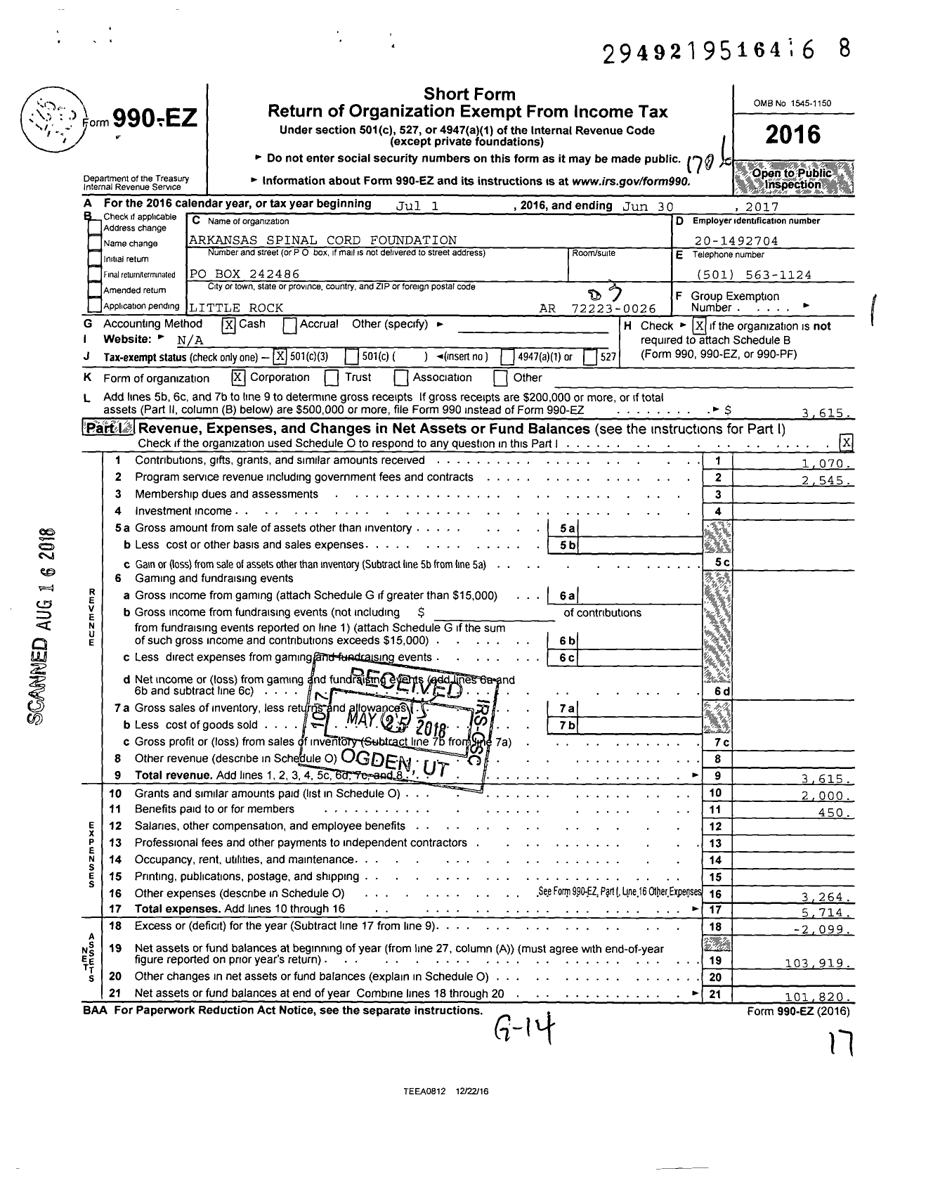 Image of first page of 2016 Form 990EZ for Arkansas Spinal Cord Foundation