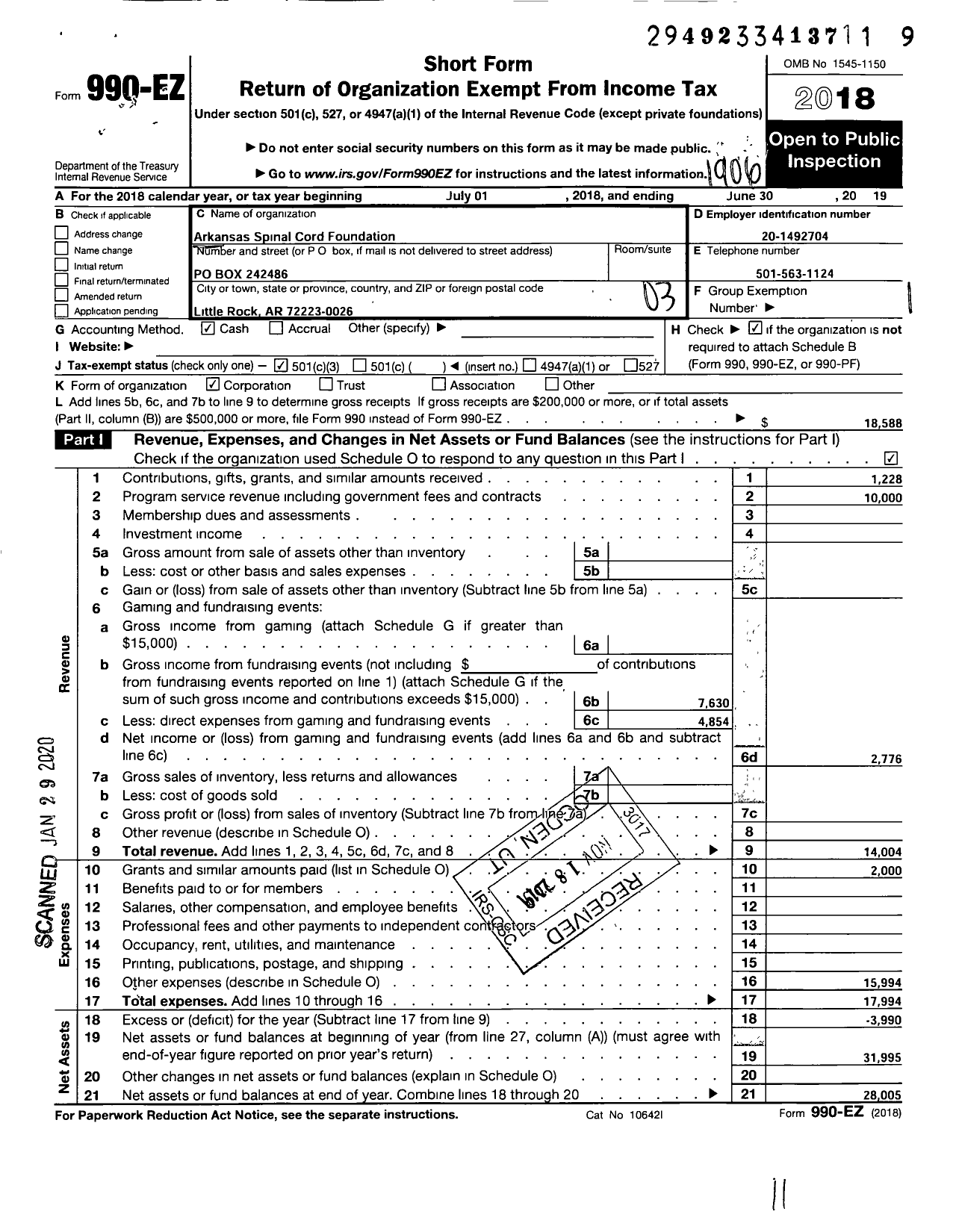 Image of first page of 2018 Form 990EZ for Arkansas Spinal Cord Foundation