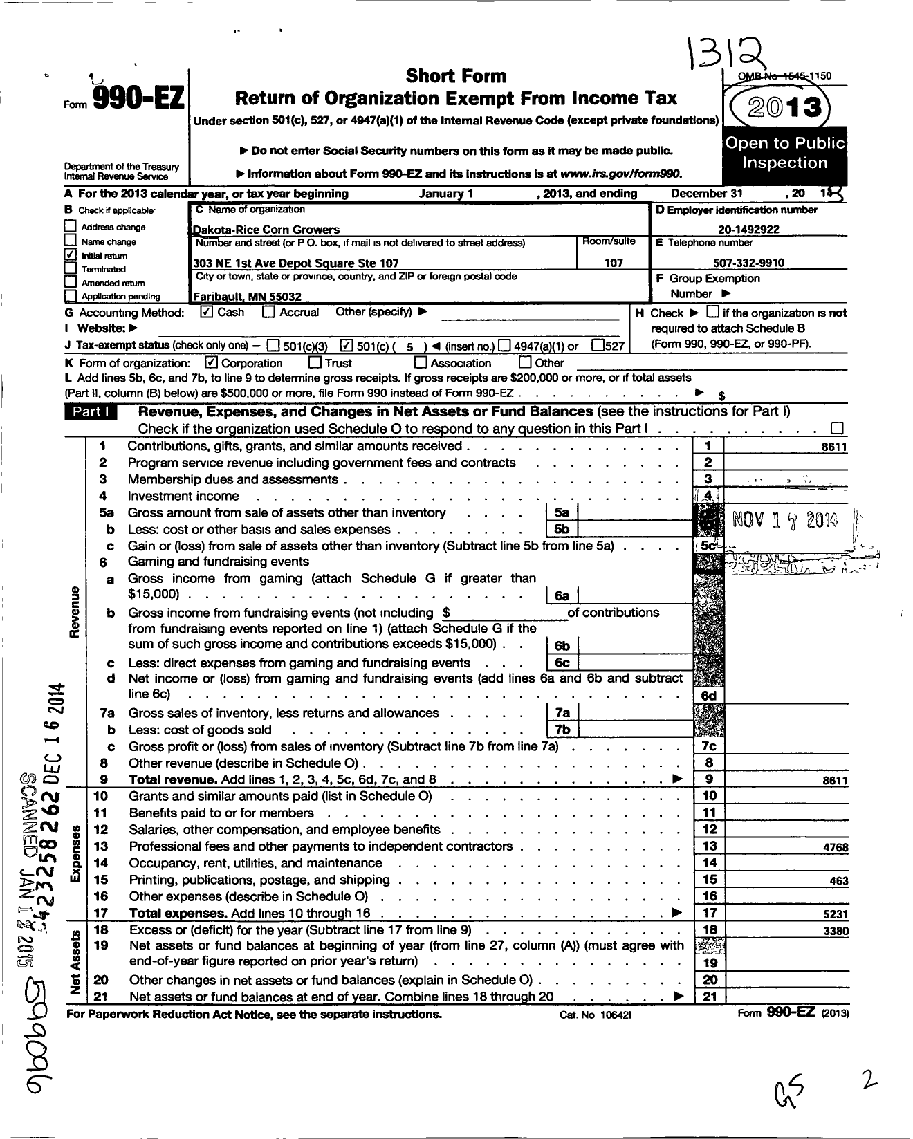 Image of first page of 2013 Form 990EO for Dakota-Rice Corn Growers Association