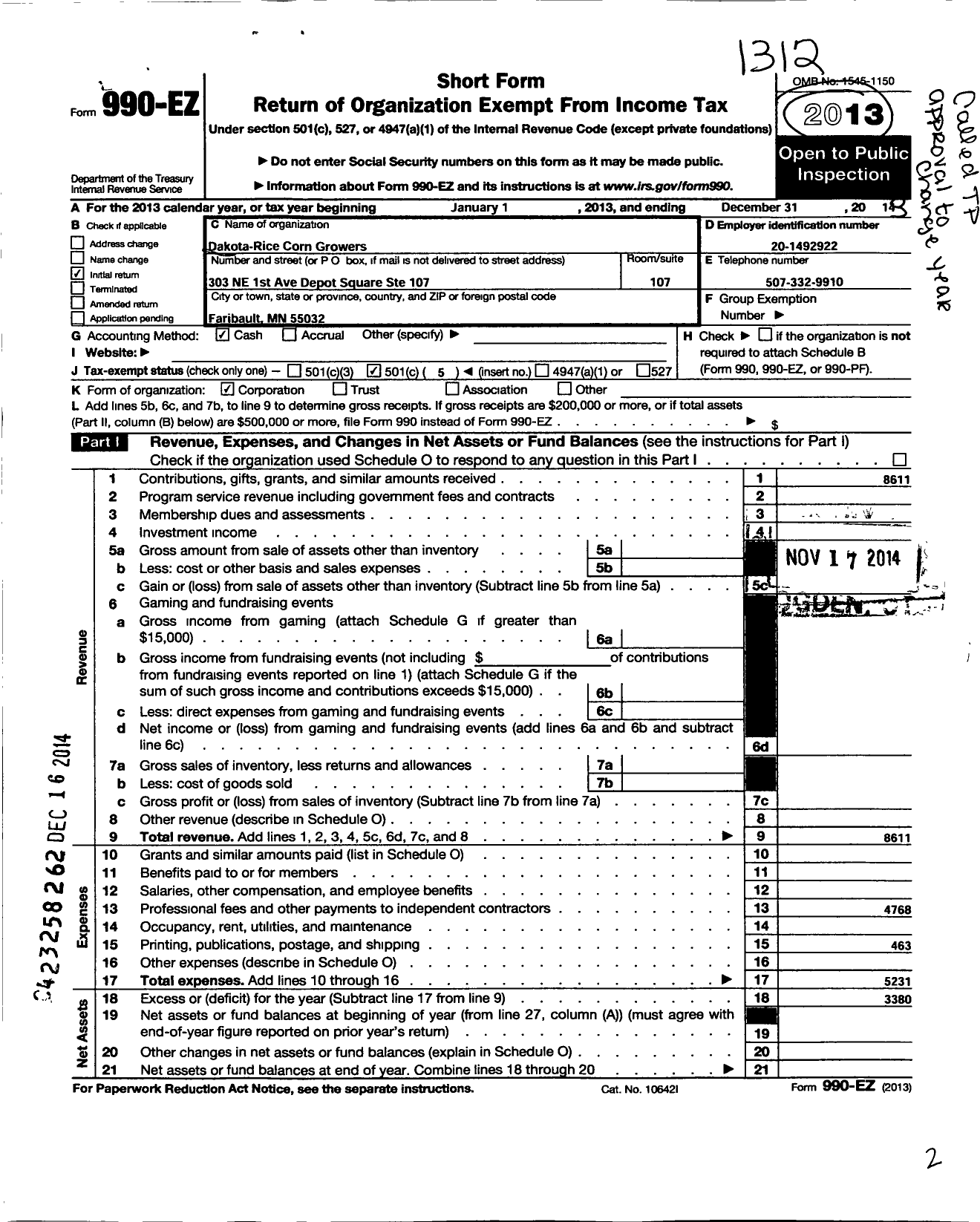 Image of first page of 2013 Form 990EO for Dakota-Rice Corn Growers Association