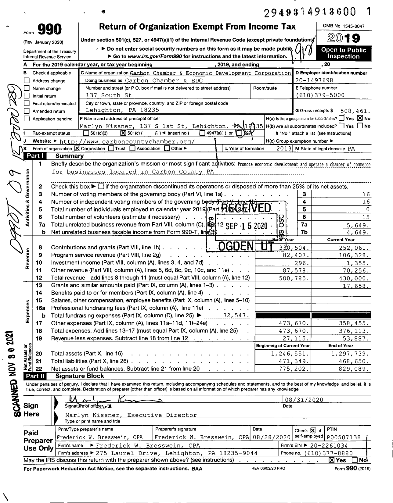 Image of first page of 2019 Form 990O for Carbon Chamber & EDC