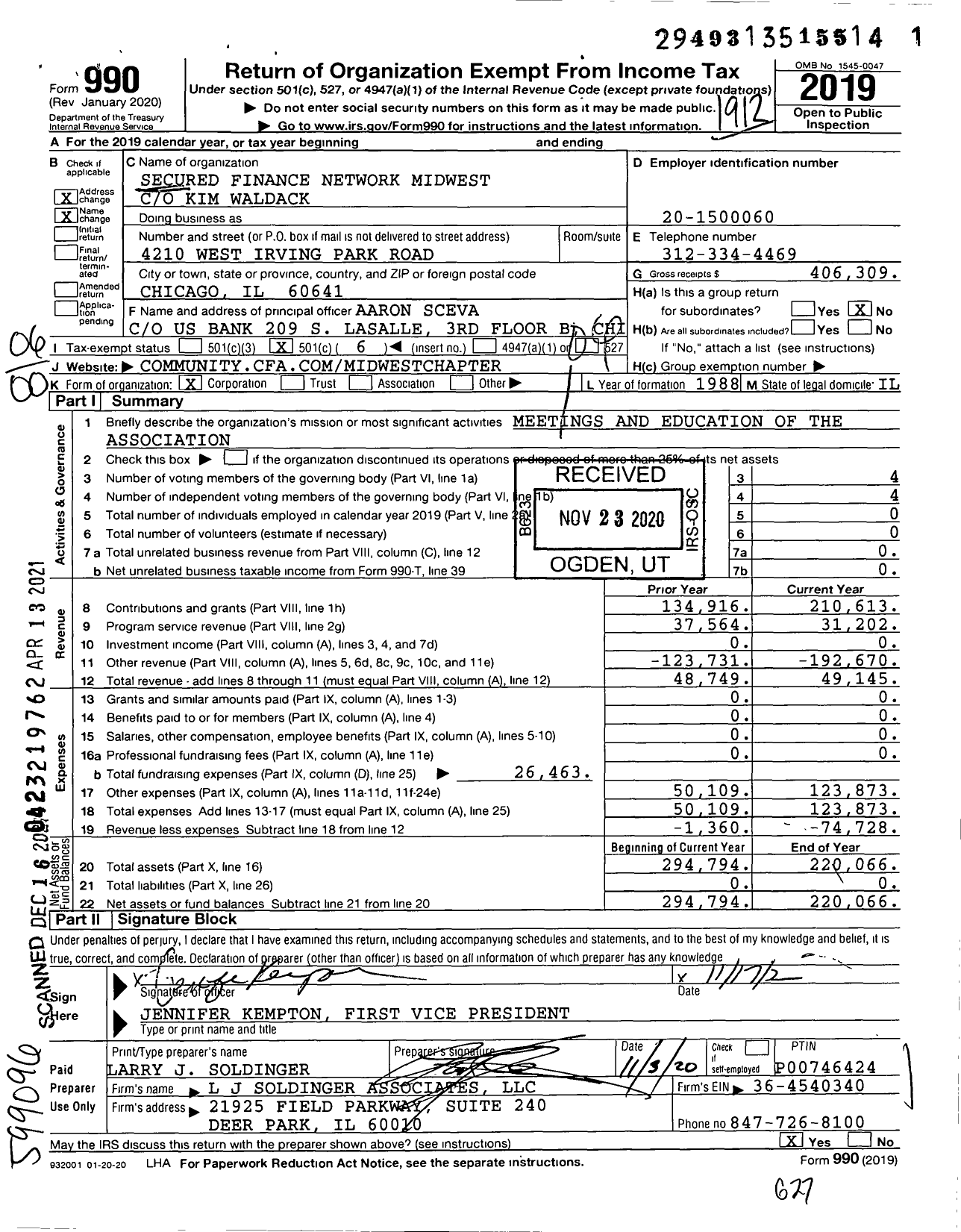 Image of first page of 2019 Form 990O for Secured Finance Network Midwest