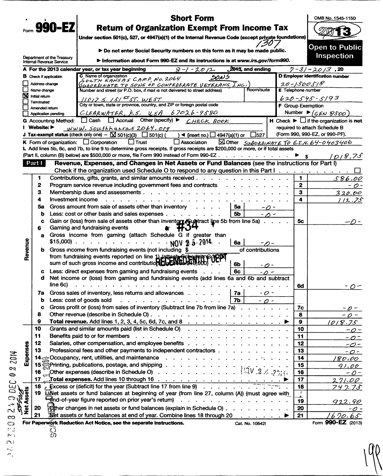 Image of first page of 2012 Form 990EZ for Sons of Confederate Veterans - South Kansas Camp 2064