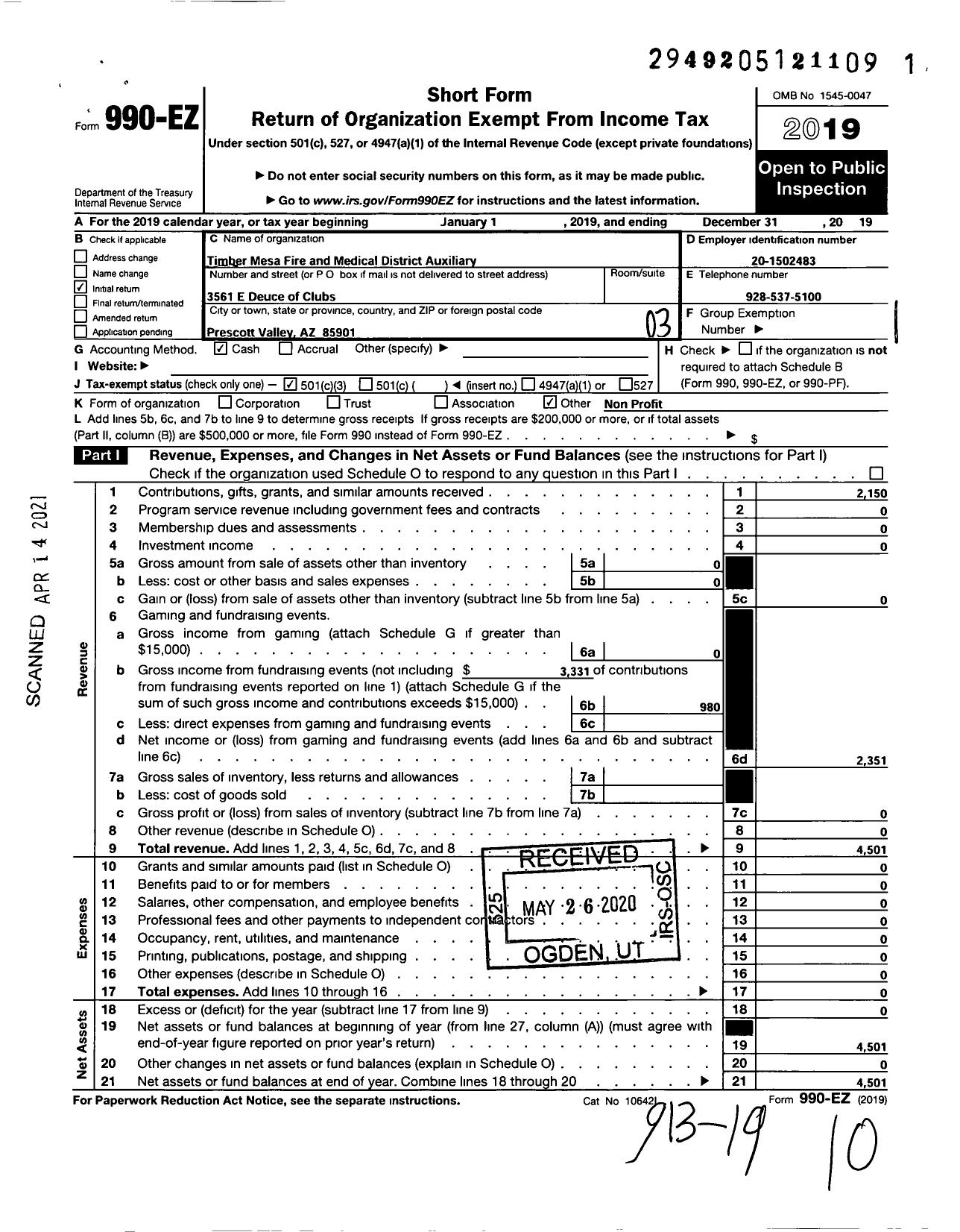 Image of first page of 2019 Form 990EZ for Timber Mesa Fire and Medical District Auxiliary