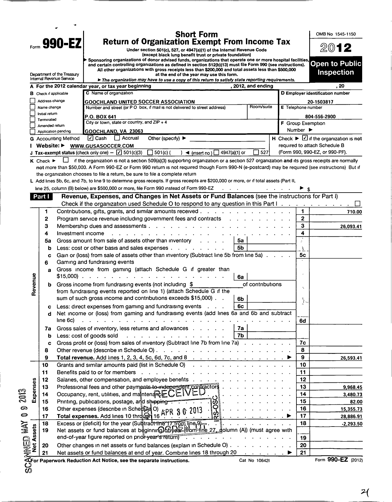 Image of first page of 2012 Form 990EZ for Goochland United Soccer Association